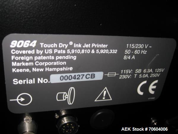 Used Markem Model 9064 Ink Jet Coder. Small character coder with print height up to 1" or 25.4 mm.  Message length up to 14" or 356 mm. Stores up to 50 messages.  Prints up to 8 lines of text. Printh...