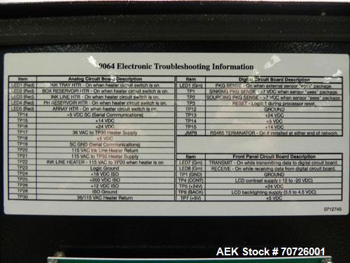 Used Markem Model 9064 Ink Jet Coder. Small character coder with print height up to 1" or 25.4 mm. Message length up to 14" or 356 mm. Stores up to 50 messages. Prints up to 8 lines of text. Printhea...
