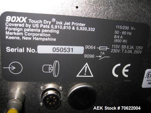 Used Markem Coder, Model 9096S. Print head on stainless steel stand with controls, 115/230 volt, serial #050531.