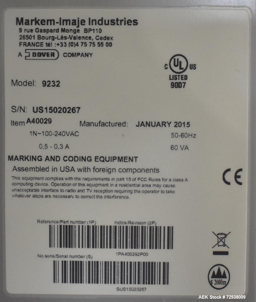 Usado- Markem Imaje Ink Jet Coder, Modelo 9232. Velocidad de impresión de hasta 6,6 m/s. Altura de fuente de hasta 32 puntos...