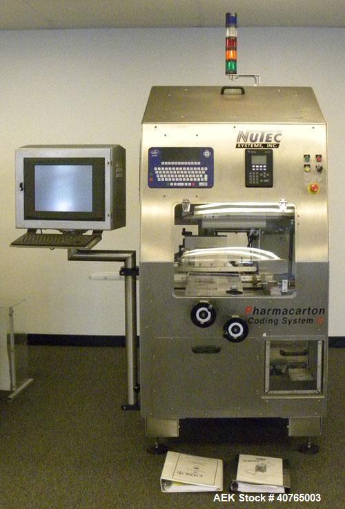 Used Nutec Systems Pharmacarton Coding Inspection System II. Designed for inline, high-resolution digital printing of lot, expiration, and bar codes for pharmaceutical and medical cartons. New design...