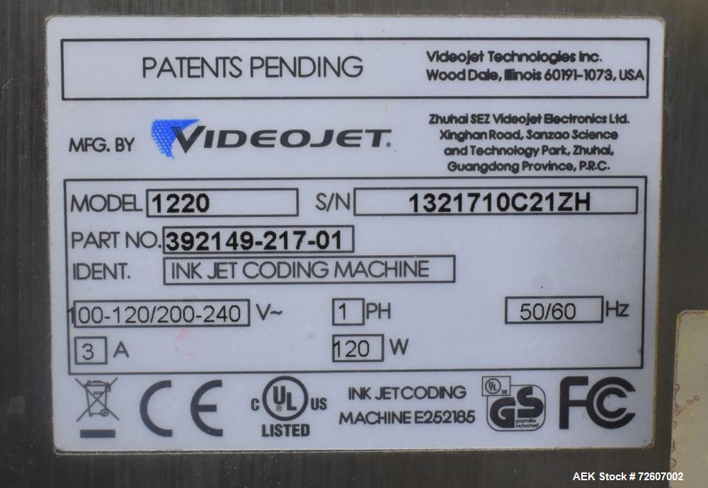 Used VideoJet 1220 Continuous InkJet Coder. Can print 1 to 5 lines of print at speeds of up to 533 fpm (162.5mpm). 10 Characters per inch, single line of print. Nominal character height selectable fr...