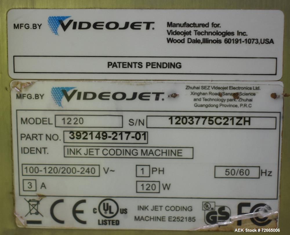 Used- VideoJet Model 1220 Continuous Ink Jet Coding Machine. Can print 1 to 5 lines of print at speeds of up to 533 fpm (162...