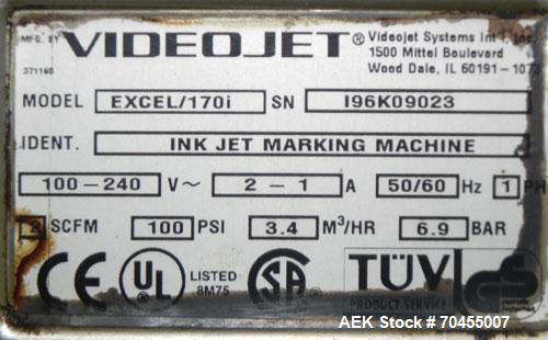 Used VideoJet Model Excel 170i Small Character Ink Jet Coder. Machine prints 10 characters per inch single line. Can print 1 to 3 lines at speeds up to 916 ft/min, up to 1832 characters per second. F...