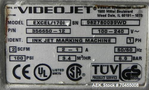 Used VideoJet Model Excel 170i Small Character Ink Jet Coder. Machine prints 10 characters per inch single line. Can print 1 to 3 lines at speeds up to 916 ft/min, up to 1832 characters per second. F...