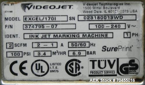 Used VideoJet Model Excel 170i Small Character Ink Jet Coder. Machine prints 10 characters per inch single line. Can print 1 to 3 lines at speeds up to 916 ft/min, up to 1832 characters per second. F...