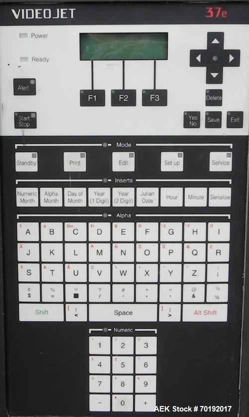 Used Videojet Model 37e Ink Jet Coder. Machine is capable of printing at speeds up to 123 feet per minute (37 meters per minute). Can do a 7 x 9 matrix on single line or 5 x 7 matrix on dual line. Pr...