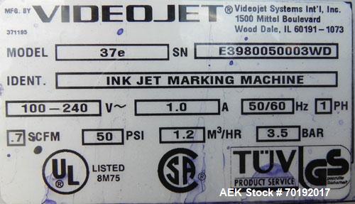 Used Videojet Model 37e Ink Jet Coder. Machine is capable of printing at speeds up to 123 feet per minute (37 meters per minute). Can do a 7 x 9 matrix on single line or 5 x 7 matrix on dual line. Pr...