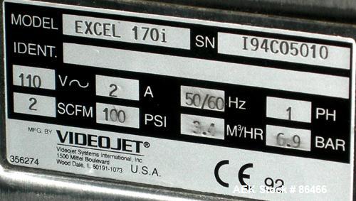 Used Videojet Excel series model 170I, single-printhead, continuous stream ink jet printer. Designed for non-contact industrial marking, coding and overprinting. Stainless steel control unit. 1/50/60...