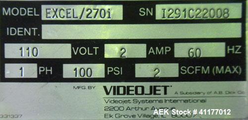 Used VideoJet EXCEL270I Dual Head System with (2) 20' long umbilical. Has 62 character spaces and 8 messages may be stored. 8 custom characters in 10 x 16 matrix. Capable of up to 916 feet per minute...