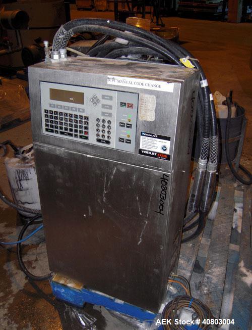 Used Videojet Ink Jet Marking Machine, Model Excel/273/AF. 1/50/60/100-240 volt, 2 scfm, 100 psi. Includes 2 printing heads and a pedestal stand.