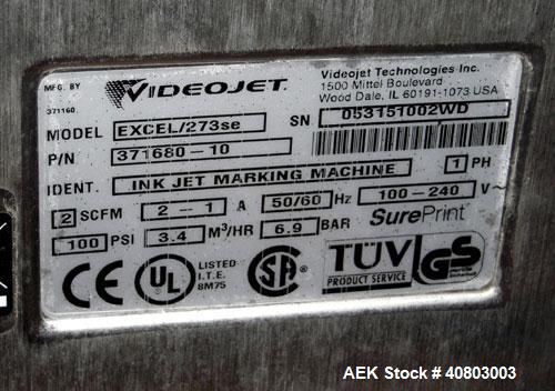 Used Videojet Ink Jet Marking Machine, Model Excel/273SE. 1/50/60/100-240 volt, 2 scfm, 100 psi. Includes 2 printing heads and a pedestal stand.