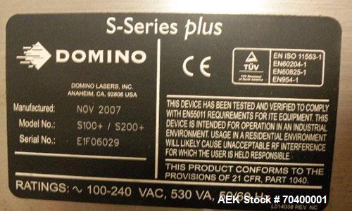 Used Domino S300 Plus Purple Laser Coder, capable of producing two lines of code in excess of 1000 bottles per minute. Laser type sealed CO2. Power 35W. Characters per second: 800. Line speed up to 3...