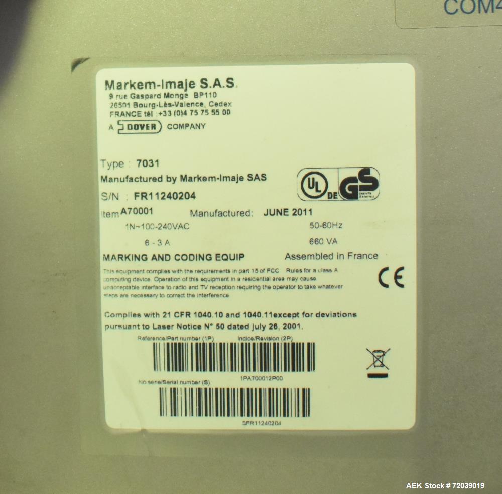 Used Markem-Imaje Laser Coder, Type 7031. Production line speed maximum 300m/min. Marking speed maximum 1,000 characters/s. Character height 1 to 100mm, no limit on number of text lines. Includes mod...