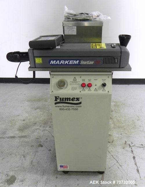 Used Markem Model SmartLase 110 Laser Printer. Capable of speeds up to 400 characters per second. Unit includes Fumex air purifier. Machine has a wave-length rating of 9.3M. Machine can code 1-4 line...