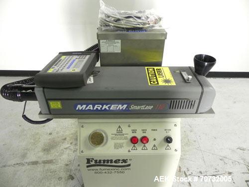 Used Markem Model SmartLase 110 Laser Printer. Capable of speeds up to 400 characters per second. Unit includes Fumex air purifier. Machine has a wave-length rating of 9.3M. Machine can code 1-4 line...