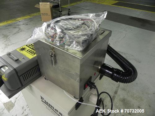 Used Markem Model SmartLase 110 Laser Printer. Capable of speeds up to 400 characters per second. Unit includes Fumex air purifier. Machine has a wave-length rating of 9.3M. Machine can code 1-4 line...