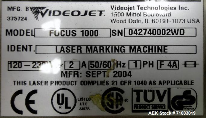 Used Videojet Model Focus 1000 Laser Coder and Fumex Mofel FA2-SS Air Cleaner