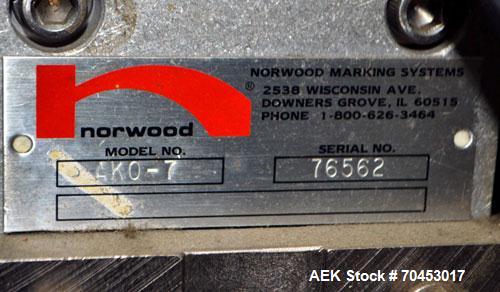 Used Norwood LIS offline stand alone label imprinting system. Capable of speeds up to 150 labels per minute. Imprint areas up to 4" x 4". Standard label reals on 3" inner coder and max 12" diam reel....
