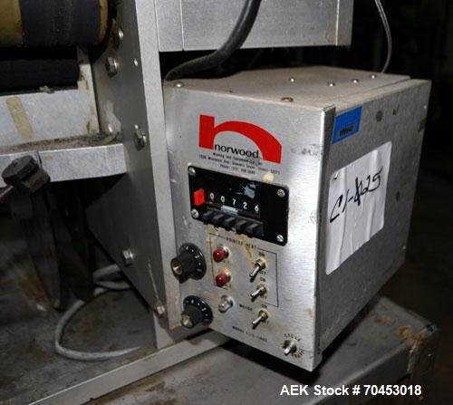 Used Norwood LIS offline stand alone label imprinting system. Capable of speeds up to 150 labels per minute. Imprint areas up to 4" x 4". Standard label reals on 3" inner coder and max 12" diam reel....