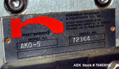 Used Norwood LIS offline stand alone label imprinting system. Capable of speeds up to 150 labels per minute. Imprint areas up to 4" x 4". Standard label reals on 3" inner coder and max 12" diam reel....
