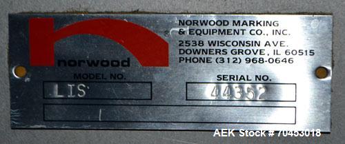 Used Norwood LIS offline stand alone label imprinting system. Capable of speeds up to 150 labels per minute. Imprint areas up to 4" x 4". Standard label reals on 3" inner coder and max 12" diam reel....