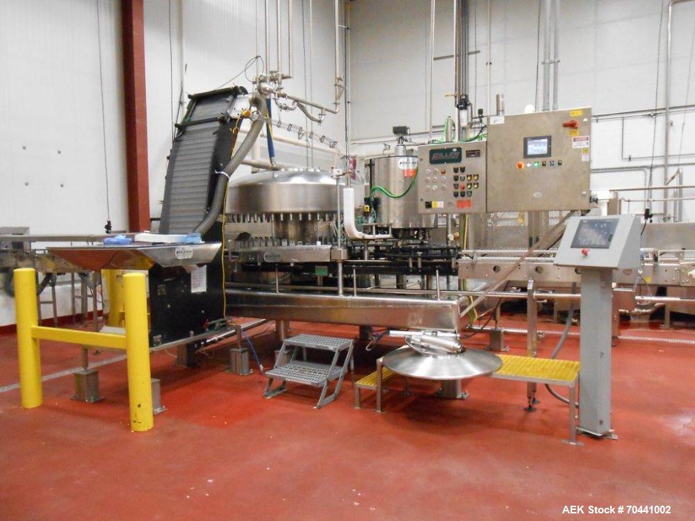Used Hot Fill Beverage Line capable of up to 600 bottles per minute, comprised of the following equipment: Sentry model 5022 depalletizer; Alliance lowerator; Filler Specialties monobloc 54 head fill...
