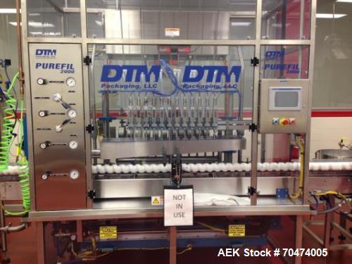 Used 2 oz. Energy Shot Bottle Filling Line. Includes: New England Model NEHCPCL bottle unscrambler with bottle elevator, capable of 250/minute. DTM Purefil 2000 12-head straightline continuous motion...
