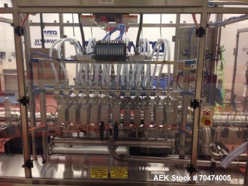 Used 2 oz. Energy Shot Bottle Filling Line. Includes: New England Model NEHCPCL bottle unscrambler with bottle elevator, capable of 250/minute. DTM Purefil 2000 12-head straightline continuous motion...