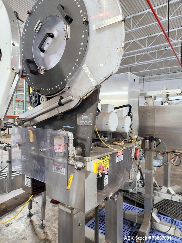 Used Acasi Model Tru-PI-12-V Automatic Inline Piston Filling Line Last Running Sauces. Consists of (2) Acasi Model Tru-12-VS Fillers, Resina Model NRC 40 inline quill capper, Acasi Trucap8-Vib capper...