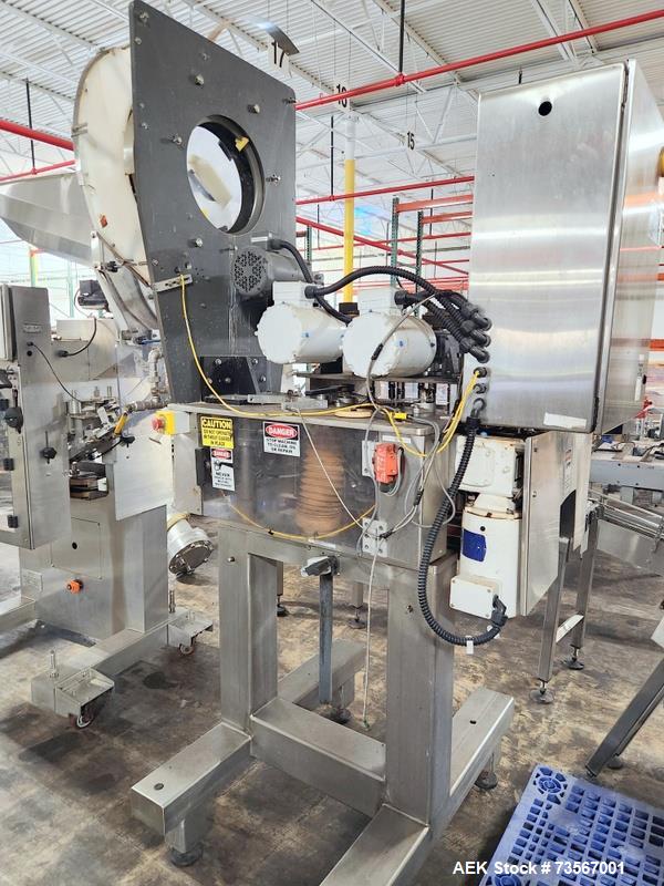 Used Acasi Model Tru-PI-12-V Automatic Inline Piston Filling Line Last Running Sauces. Consists of (2) Acasi Model Tru-12-VS Fillers, Resina Model NRC 40 inline quill capper, Acasi Trucap8-Vib capper...