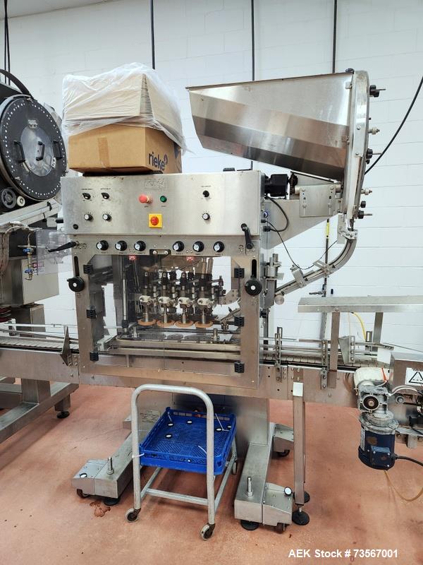 Used Acasi Model Tru-PI-12-V Automatic Inline Piston Filling Line Last Running Sauces. Consists of (2) Acasi Model Tru-12-VS Fillers, Resina Model NRC 40 inline quill capper, Acasi Trucap8-Vib capper...