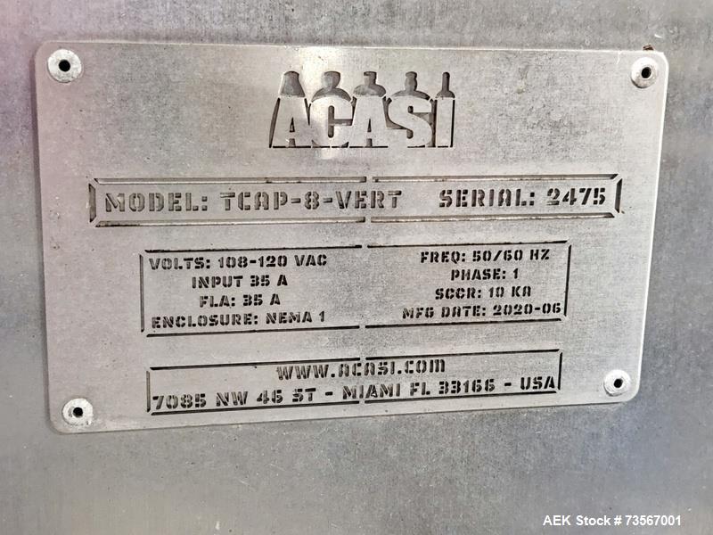 Used Acasi Model Tru-PI-12-V Automatic Inline Piston Filling Line Last Running Sauces. Consists of (2) Acasi Model Tru-12-VS Fillers, Resina Model NRC 40 inline quill capper, Acasi Trucap8-Vib capper...