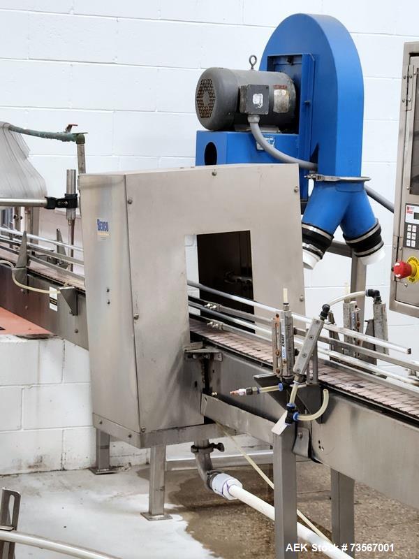 Used Acasi Model Tru-PI-12-V Automatic Inline Piston Filling Line Last Running Sauces. Consists of (2) Acasi Model Tru-12-VS Fillers, Resina Model NRC 40 inline quill capper, Acasi Trucap8-Vib capper...