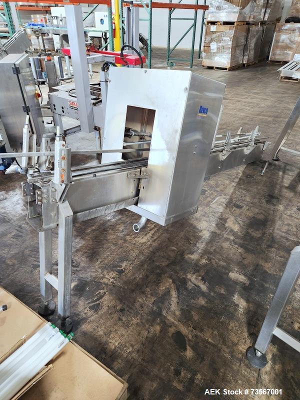 Used Acasi Model Tru-PI-12-V Automatic Inline Piston Filling Line Last Running Sauces. Consists of (2) Acasi Model Tru-12-VS Fillers, Resina Model NRC 40 inline quill capper, Acasi Trucap8-Vib capper...