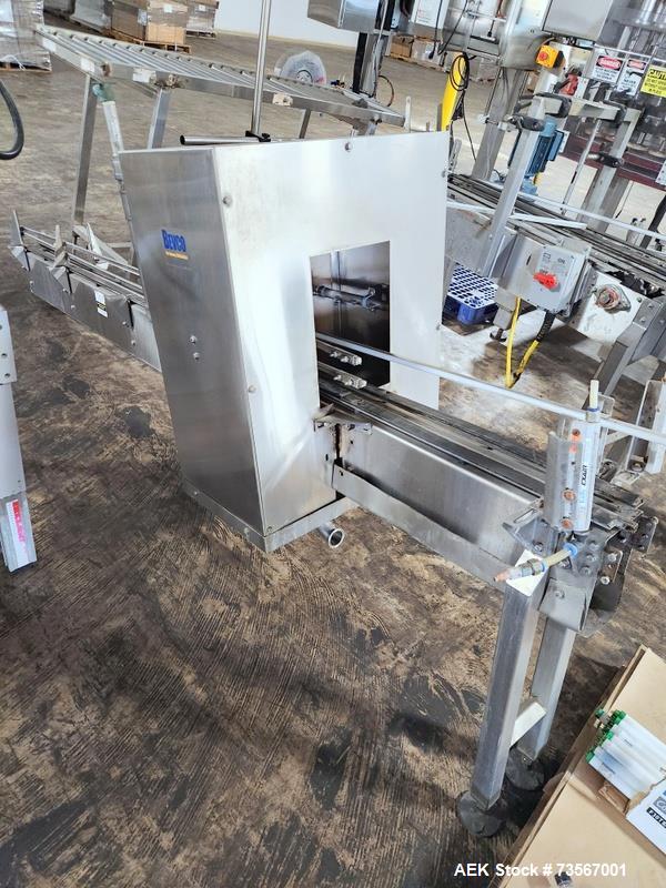 Used Acasi Model Tru-PI-12-V Automatic Inline Piston Filling Line Last Running Sauces. Consists of (2) Acasi Model Tru-12-VS Fillers, Resina Model NRC 40 inline quill capper, Acasi Trucap8-Vib capper...