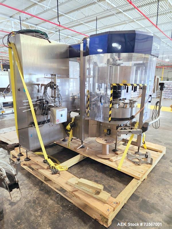 Used Acasi Model Tru-PI-12-V Automatic Inline Piston Filling Line Last Running Sauces. Consists of (2) Acasi Model Tru-12-VS Fillers, Resina Model NRC 40 inline quill capper, Acasi Trucap8-Vib capper...