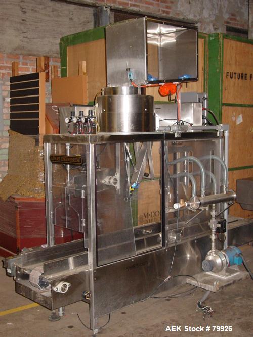 USED: Adams Engineering JBS 240 water filling line, 5 BPM (250-300BPH) 5 and 3 gallon. Adams Engineering stainless steel 2 head filler/capper. Conveyor: 4-1/2" wide x 100" long plastic table top conv...