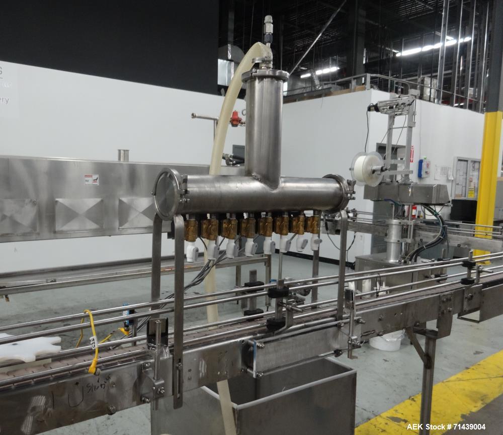 Used Alcoa 8 Head Inline Pressure Gravity Filling And Sleeving Line