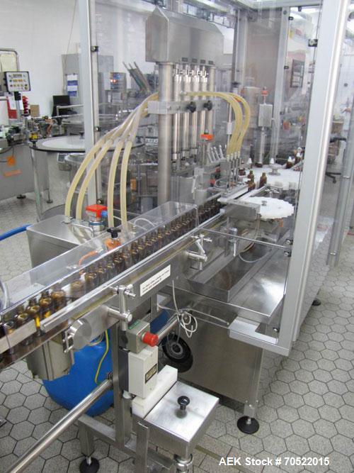 Used Bosch MRF 1010 Bottle Filling/Closing Machine. Filling range 0.1 - 8.5 fl oz (0.5 - 250 ml), output 3,000 bottles an hour. 4 Filling stations with rotary slide piston pumps, capper, torque-screw...