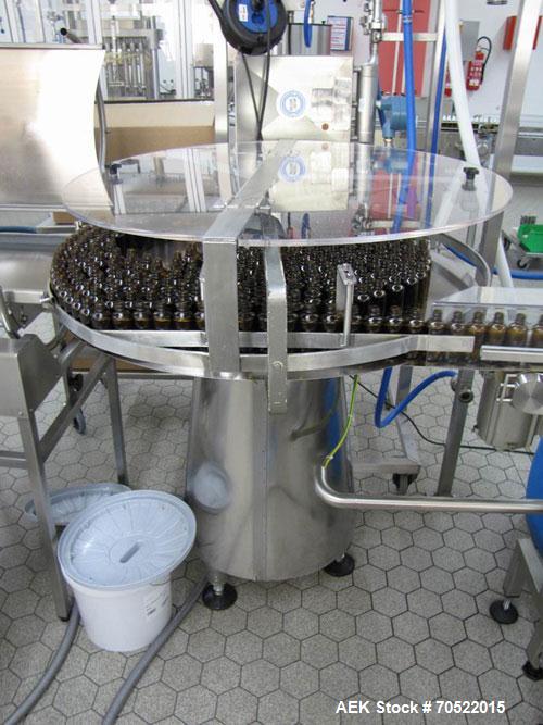 Used Bosch MRF 1010 Bottle Filling/Closing Machine. Filling range 0.1 - 8.5 fl oz (0.5 - 250 ml), output 3,000 bottles an hour. 4 Filling stations with rotary slide piston pumps, capper, torque-screw...