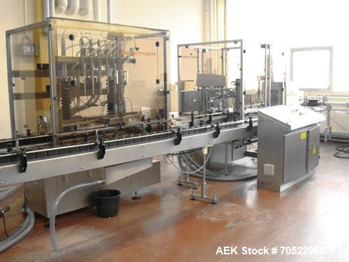 Used Breitner/Geset Bottle Filling Line for conducive liquids.  Maximum output 60-80 objects per minute, 230/400V/50 hz.  Consists of:  (1) Breitner IDL 2065 filling machine, built 1994, with 6 induc...