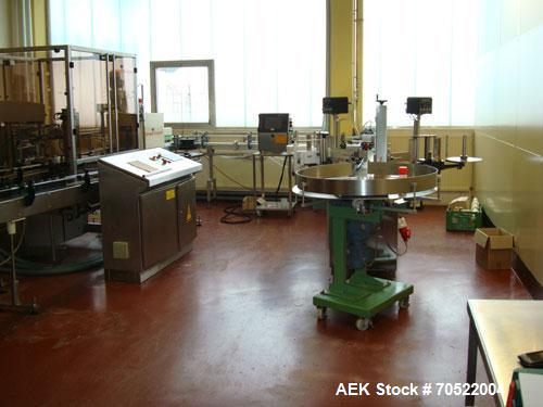 Used Breitner/Geset Bottle Filling Line for conducive liquids.  Maximum output 60-80 objects per minute, 230/400V/50 hz.  Consists of:  (1) Breitner IDL 2065 filling machine, built 1994, with 6 induc...