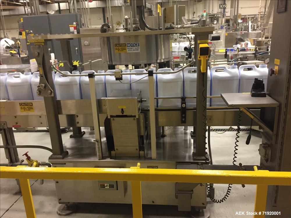 Used-Epak 14 head inline positive displacement filling line for detergents, liquids, creams or pastes. Last running laundry ...