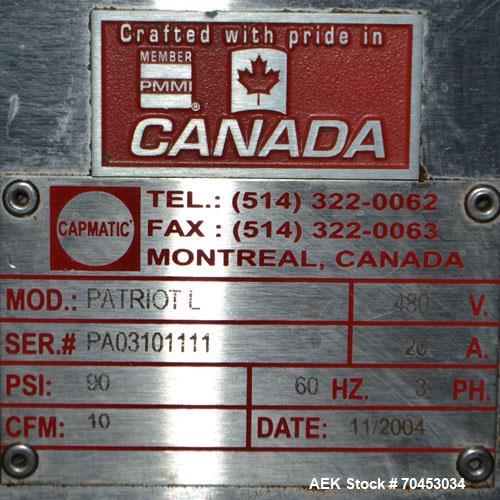 Used Capmatic Straight Line Automatic “Puck Style” Fragrance Line, Model Patriot L, S/N PA03101111, new 2004.  3/60/480V/20A.  6 Head Straight Line Vacuum Filler, Model Vacufill, S/N RV03101110, with...