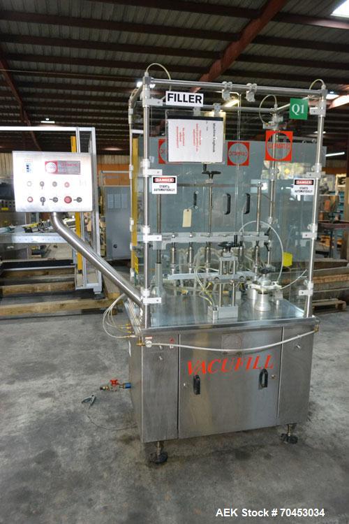 Used Capmatic Straight Line Automatic “Puck Style” Fragrance Line, Model Patriot L, S/N PA03101111, new 2004.  3/60/480V/20A.  6 Head Straight Line Vacuum Filler, Model Vacufill, S/N RV03101110, with...