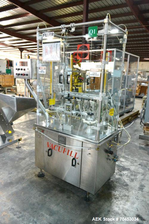 Used Capmatic Straight Line Automatic “Puck Style” Fragrance Line, Model Patriot L, S/N PA03101111, new 2004.  3/60/480V/20A.  6 Head Straight Line Vacuum Filler, Model Vacufill, S/N RV03101110, with...