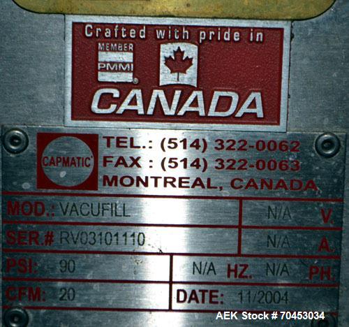 Used Capmatic Straight Line Automatic “Puck Style” Fragrance Line, Model Patriot L, S/N PA03101111, new 2004.  3/60/480V/20A.  6 Head Straight Line Vacuum Filler, Model Vacufill, S/N RV03101110, with...
