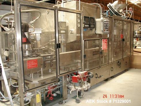 Used Krones Starmatic 62 Head Monoblock Liquid Bottling Line. Includes General Machinery caser and conveyors.