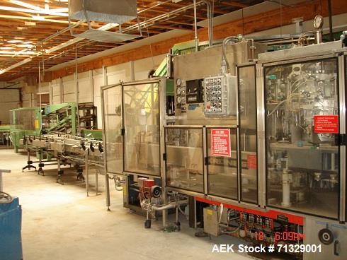 Used Krones Starmatic 62 Head Monoblock Liquid Bottling Line. Includes General Machinery caser and conveyors.